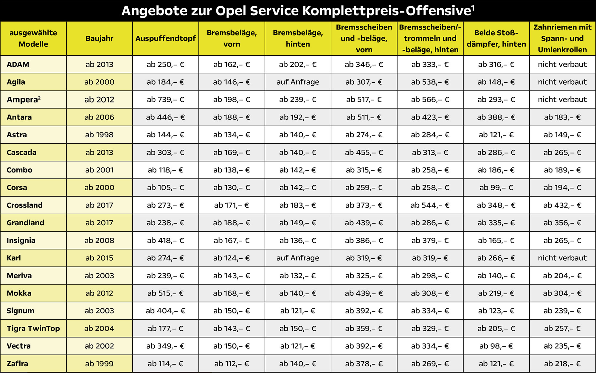 Opel Service Preisliste Erwin Paul GmbH